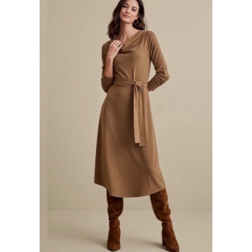 Soft Surroundings Womens Paula Brown Cowl Neck Belted Midi Dress Size Medium
